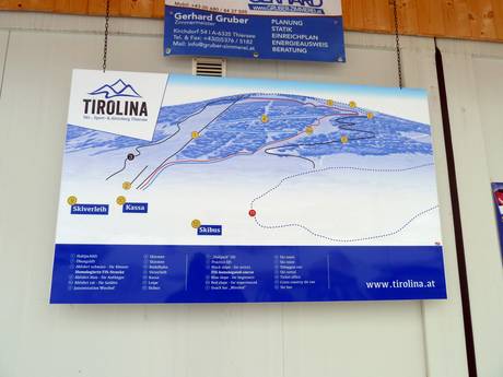 Massif du Rofan: indications de directions sur les domaines skiables – Indications de directions Tirolina (Haltjochlift) – Hinterthiersee