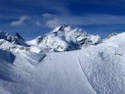 Pistes à Diavolezza avec vue sur le Piz Bernina (4049 m)