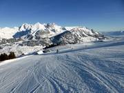 Piste avec vue panoramique sur le domaine skiable de Wildhaus