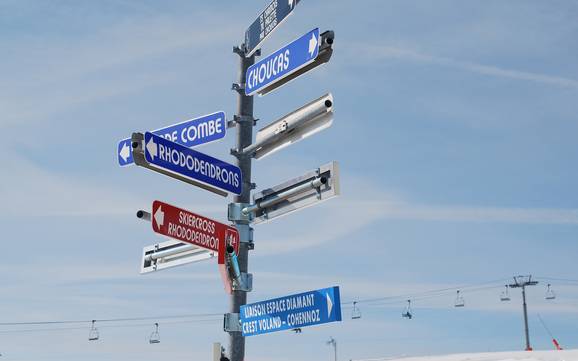 Val d'Arly: indications de directions sur les domaines skiables – Indications de directions Espace Diamant – Les Saisies/Notre-Dame-de-Bellecombe/Praz sur Arly/Flumet/Crest-Voland