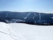 Vue depuis le Medvědín sur les pistes de Pláň et Hromovka