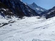 Vue sur les pistes de ski de fond au fond de la vallée à Zinal