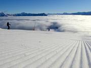 Brouillard dans la vallée avec des pistes parfaites