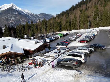 Massifs de Wetterstein et de Mieming: Accès aux domaines skiables et parkings – Accès, parking Ehrwalder Alm – Ehrwald