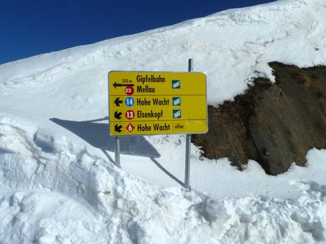 Massif du Bregenzerwald: indications de directions sur les domaines skiables – Indications de directions Damüls Mellau