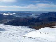 Vue depuis la High Street sur le domaine skiable de Treble Cone avec le lac Wānaka