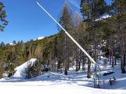 Enneigement par canons à neige sur la piste de descente vers la vallée