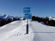 Signalisation avec niveaux de difficulté en couleur (bleu = facile, rouge = moyen, noir = difficile)