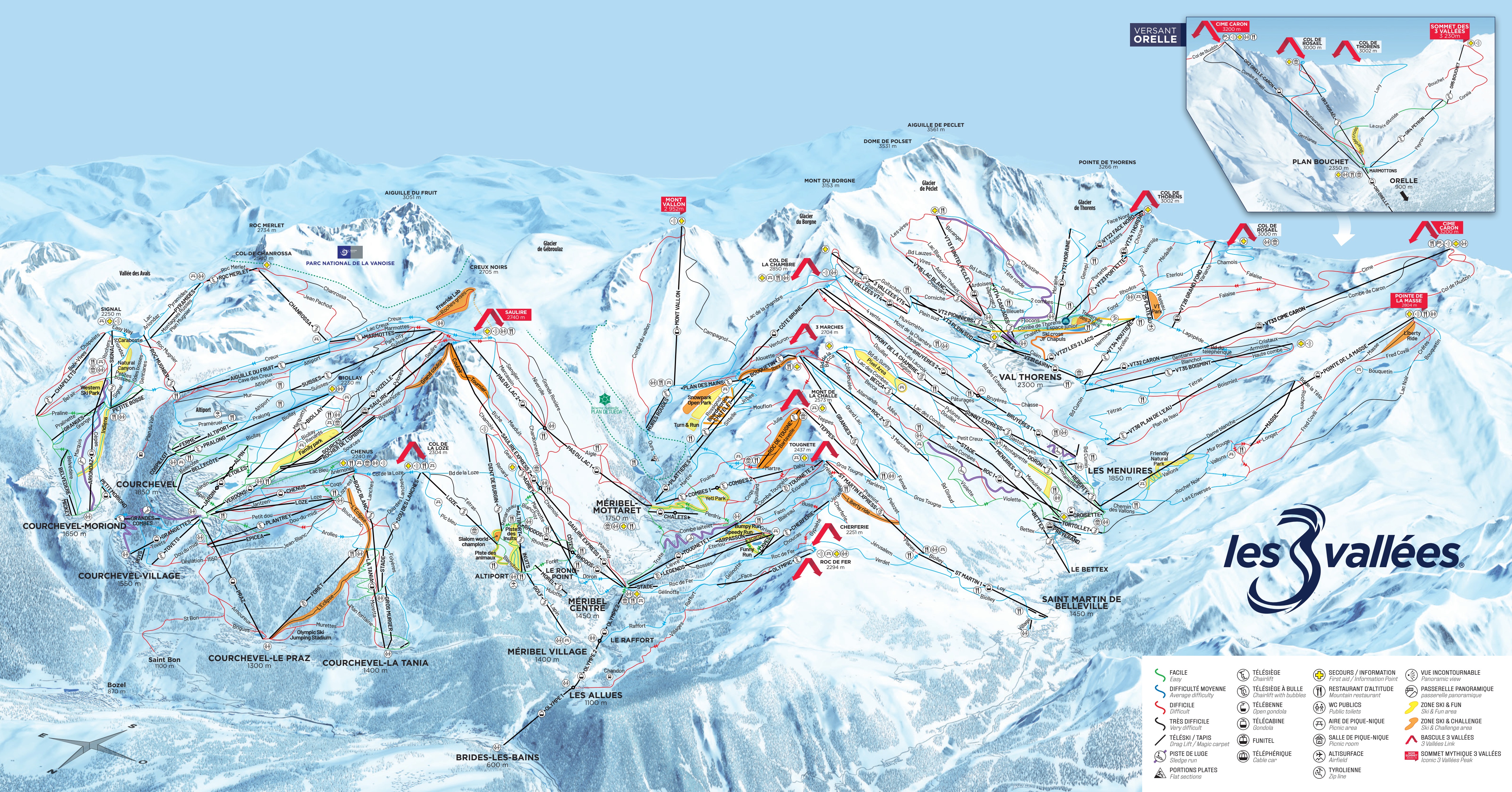 Plan des pistes du domaine skiable Les 3 Vallées – Val Thorens/Les Menuires/Méribel/Courchevel