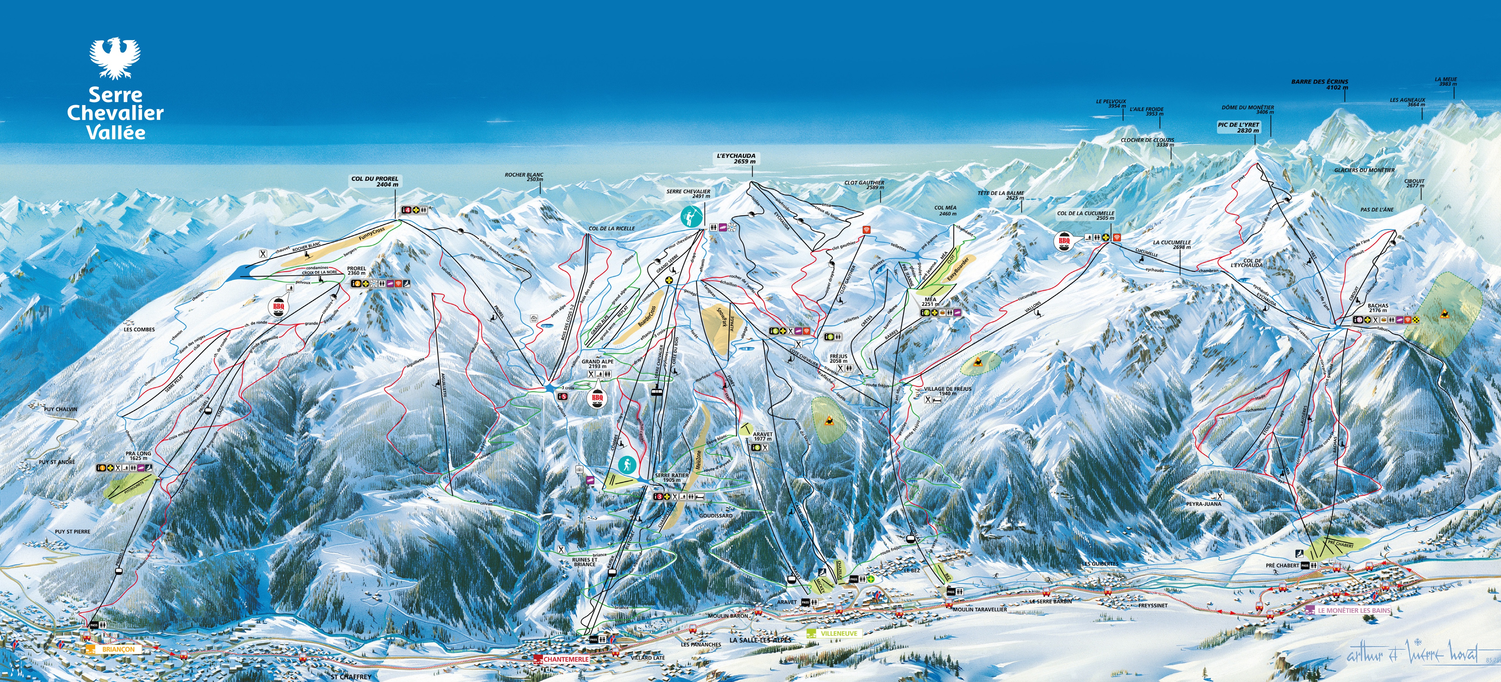 Plan des pistes du domaine skiable Serre Chevalier – Briançon/Chantemerle/Villeneuve-la-Salle/Le Monêtier-les-Bains