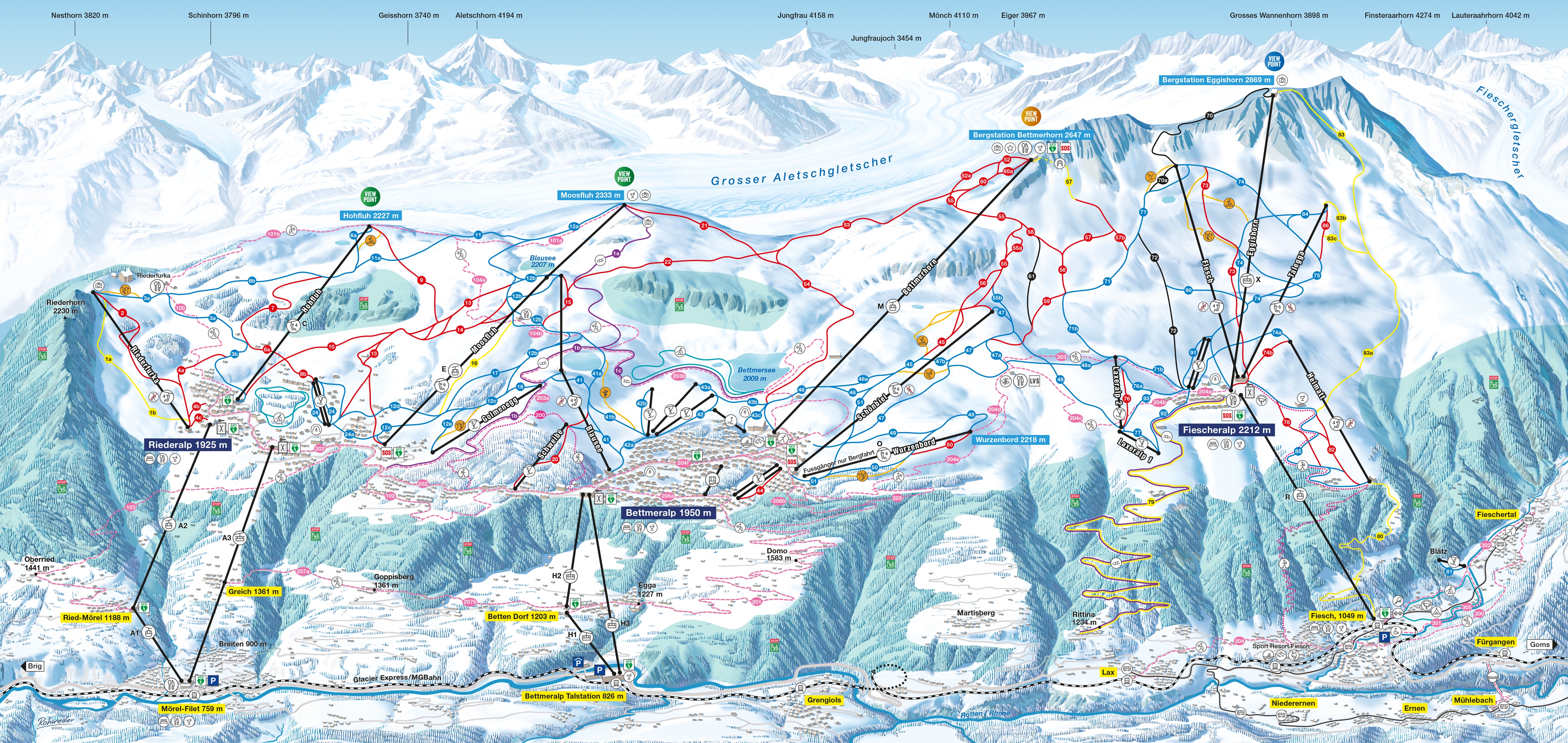 Plan des pistes du domaine skiable Aletsch Arena – Riederalp/Bettmeralp/Fiesch Eggishorn